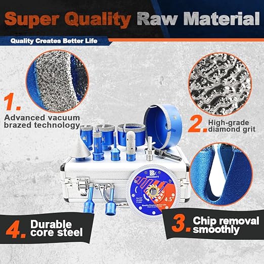 Diamond Core Drill Bit Set - BRSCHNITTTile Hole Saw Kit 1/4" 5/16" 3/8" 4/5" 1-3/8"2" 3" 4 1/2"& 4/5" Finger Bit&2" Chamfer Bit for Porcelain Tile Ceramic Marble Granite&Diamond Blade