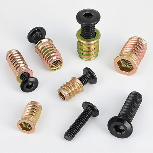 Threaded Inserts and Bolts Set, 45 Sets, 1/4-20 x 10mm Threaded Inserts for Wood, 1/4-20 x 5/8" Furniture Screws, 1/4 Bolt Flat Head 304 Stainless Steel, Hex Socket Drive, with 2Pcs Hex Wrench