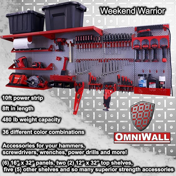 OmniWall Weekend Warrior Ultimate Tool Kit-96" x 32" Metal Pegboard Wall Storage System Silver/White