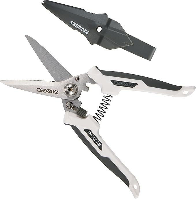 8" Scissors All Purpose, Heavy Duty, Multipurpose, for DIY Projects, Office, Production Lines, Pruning, with Protective Sheath (White/Gray)