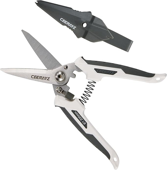 8" Scissors All Purpose, Heavy Duty, Multipurpose, for DIY Projects, Office, Production Lines, Pruning, with Protective Sheath (White/Gray)