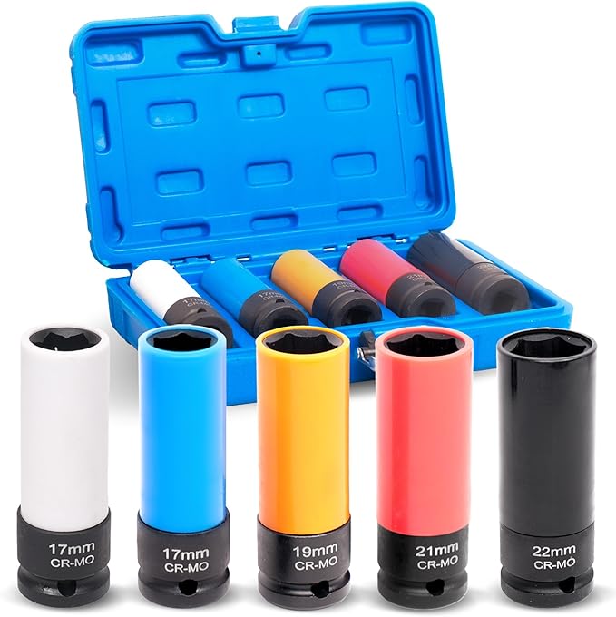 5 PCS 1/2 inch Drive Lug Nut Socket Set, Impact Flip Socket Set Non-Marring Thin Wall Wheel Nut Socket, Cr-Mo Steel, 4 pcs Universal 17mm, 19mm, 21mm, 22mm, 1 x 17mm for Benz Convex Flower Head Bolt