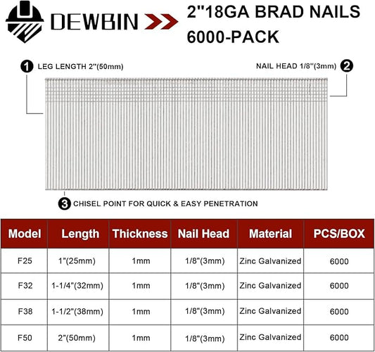 18 Gauge Brad Nails, 6000 Counts 2-inch 18 GA Brad Nails, Galvanized Nails for Nail Gun, Finishing Nail Gun Nails for Pneumatic, Electric Brad Nailer Gun