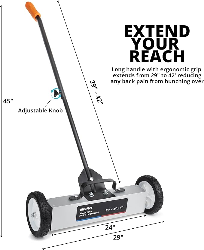 NEIKO 53415A 18” Rolling Magnetic Sweeper with Wheels, 45 Pound Capacity, Adjustable Handle & Floor Magnet Clearance Height, Metal Pick Up and Nail Magnet, Floor Sweeper for Construction, Shop, Etc.