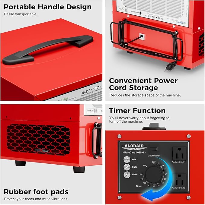 ALORAIR Portable Air Filtration System Built-In Ionizer, 180째 Air Intake (850/1050CFM) Tabletop Dust Collector for Woodworking with Vortex Fan, Air Filter for Garage, Works Shop, Home, Purecare 1050IG