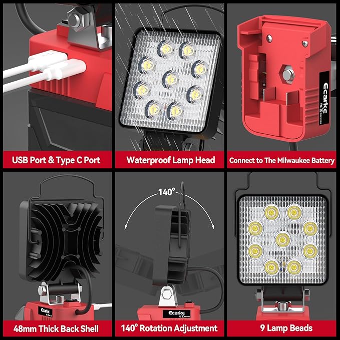Ecarke LED Work Light Compatible with Milwaukee, Ecarke 54W 5400LM Cordless LED Flood Work Lights, Compatible with 18V Lithium Battery Light, Low Voltage Protection, USB & Type-C Charging Port