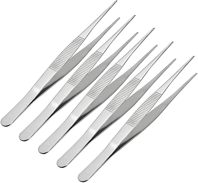uxcell 5 Pcs 7-Inch Stainless Steel Straight Pointed Tweezers with Serrated Tip Daily Garden Tool