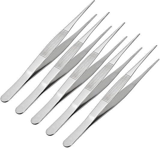 uxcell 5 Pcs 7-Inch Stainless Steel Straight Pointed Tweezers with Serrated Tip Daily Garden Tool