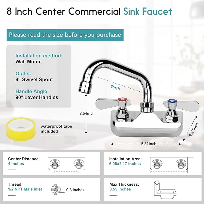 Leak-Free Commercial Sink Faucet 8" Swivel Spout, Wall Mount Kitchen Hand Sink Faucet with 4 Inch Center, 1/2" NPT Male Inlet, Brass Constructed & Chrome Polished, Dual Lever Handles
