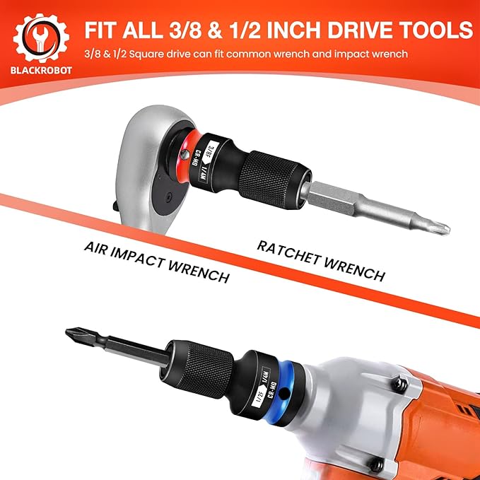 BLACKROBOT 2PCS Quick Release Impact Bit Holders 1/2-Inch & 3/8-Inch Square Drive to 1/4-Inch Hex Socket Adapter, CR-MO Steel