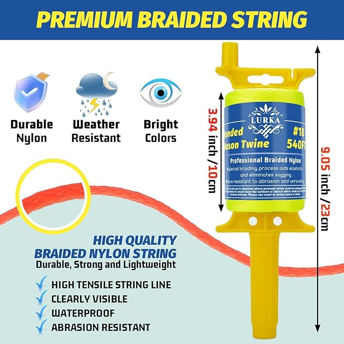 LURKA #18 Mason Line String with Post & Pipe Level & 5 Line Levels, 540 Feet Braided Nylon Twine, High-Visibility String Line for Construction, Gardening, DIY, and Outdoor Projects (Yellow)