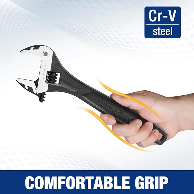 WORKPRO 2-piece Adjustable Wrench Set, 6-Inch & 10-Inch Wrenches, Cr-V Steel, Wide Jaw Wrench with Metric & SAE Scale, good for Home, Garage, Workshop