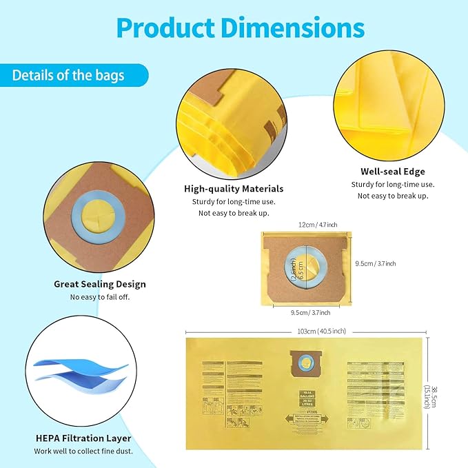 9 Packs 90672 Type I High Efficiency Dust Collection Bags for 10-14 Gallon Vacuum Bags Type I and Type F 90672 9067200 9067233 90662 9066200 9066233 Part VF2005