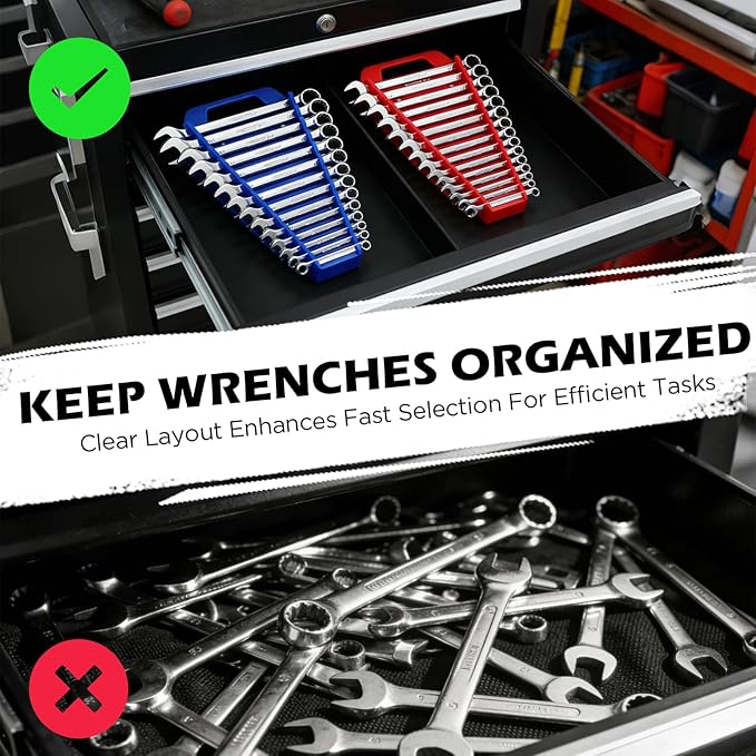 SEDY 2-Pack Magnetic Wrench Organizer with Non-Slip Handle, 24-Slot Heavy-Duty Wrench Rack Holders for Toolbox & Drawer Storage, Fits SAE 1/4"-1-1/16" and Metric 6mm-24mm Wrenches