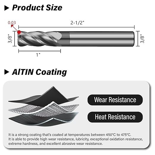 3/8" Carbide Corner Radius End Mills - 0.03" Corner Radius, AlTiN Coated, 4 Flute Endmill for Milling Alloy Steel, Cast Iron, Copper