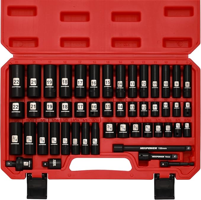 MIXPOWER 3/8" Drive Deep Impact Socket Set, 6 Point, 49 Piece Standard SAE and Metric Sizes-5/16-Inch to 3/4-Inch and 8-22 mm, 3/8'' impact universal joint, Cr-V Steel Mechanic Socket Set