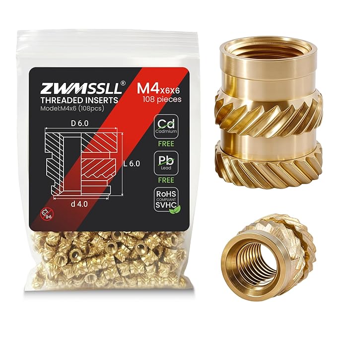 M4 Threaded Inserts Heat Set Insert,108 Pieces M4x6x6mm Metric Knurled Nuts,Brass Threaded Inserts for Plastic and 3D Printing Components