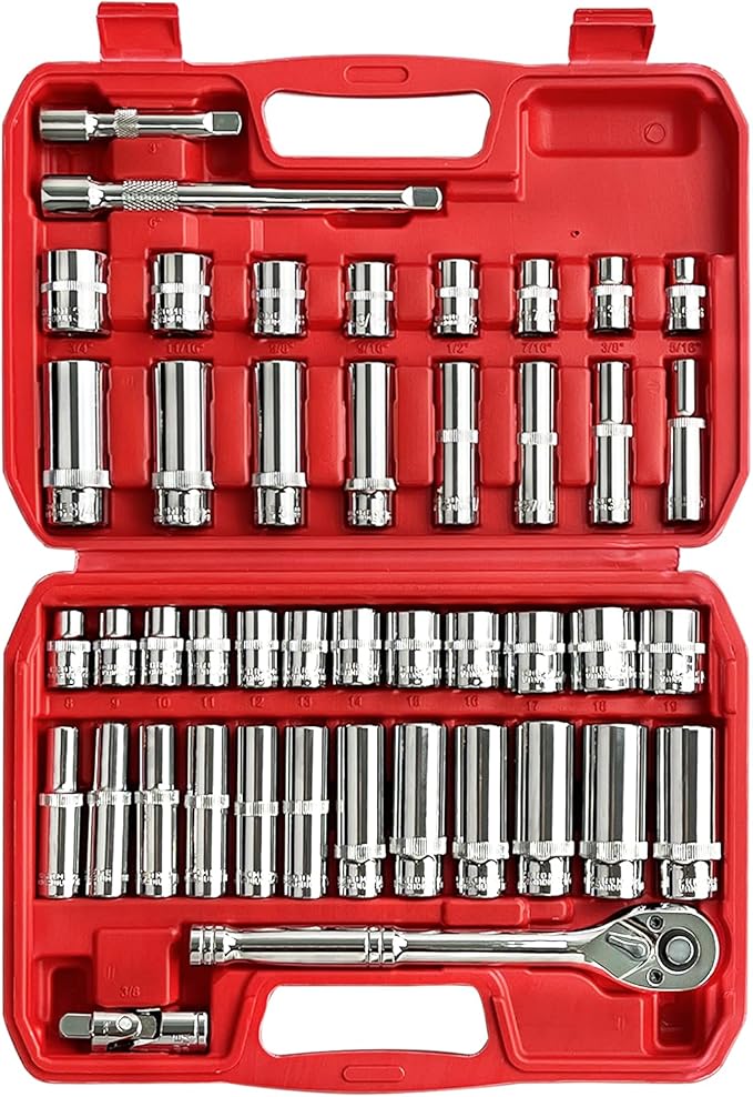 44pcs 3/8" Drive Impact Socket Set,Drive Master Socket Set,SAE/Metric, Deep & Shallow with 3/8" Drive Head Ratchet,Universal Joint,Extension bar (3??& 6??,6 Point,CR-V Steel竊똌irror Chrome