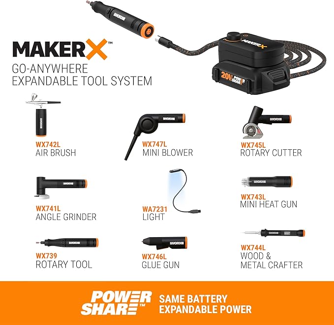 Worx WX996L MAKERX 6 Tool Kit: Rotary Tool, Wood & Metal Crafter, Air Brush, Heat Gun, Grinder and LED Flex Light in Carry Bag