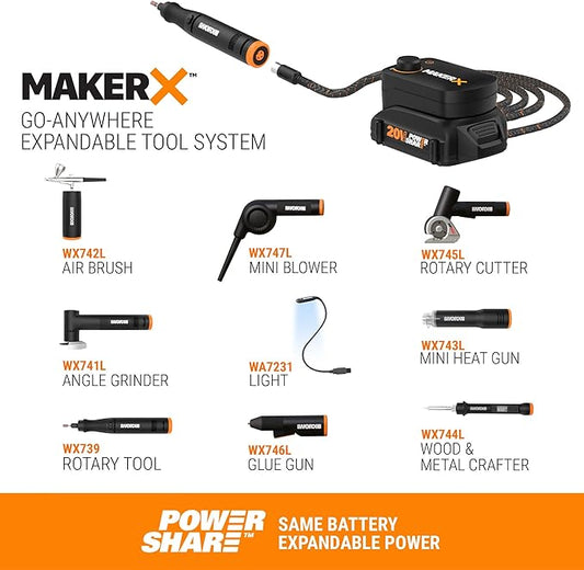 Worx WX996L MAKERX 6 Tool Kit: Rotary Tool, Wood & Metal Crafter, Air Brush, Heat Gun, Grinder and LED Flex Light in Carry Bag