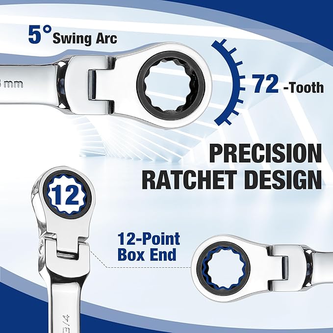 WORKPRO 22-Piece Ratcheting Wrench Set, Flex-Head Ratchet Combination Wrench Sets with Organizer Box, 72 Teeth, Metric 6-18mm & SAE 1/4-3/4"