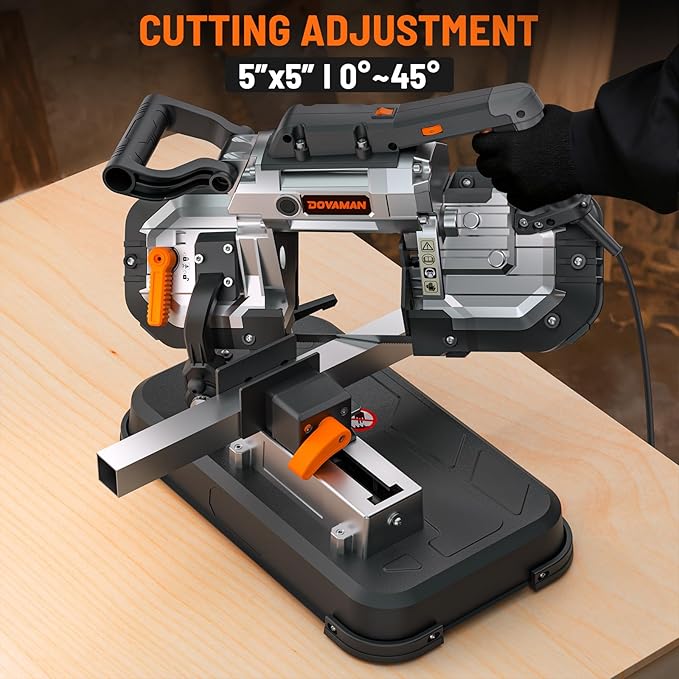 DOVAMAN Portable Bandsaw, 10A 5 Inch Cutting Capacity Handheld Corded Band Saw, 6-Speed 0째- 45째 Adjustable Angle Band Saws, For Woodworking For Cutting Metal, Includes 2 Saw Blades