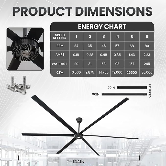 144 Inch Ceiling Fan Indoor/Outdoor 12ft HLVS Industrial - Black Modern Big Ceiling Fan With Remote for Living Room, Patio, Garage - DC Motor 5-Year Warranty (144in Black)