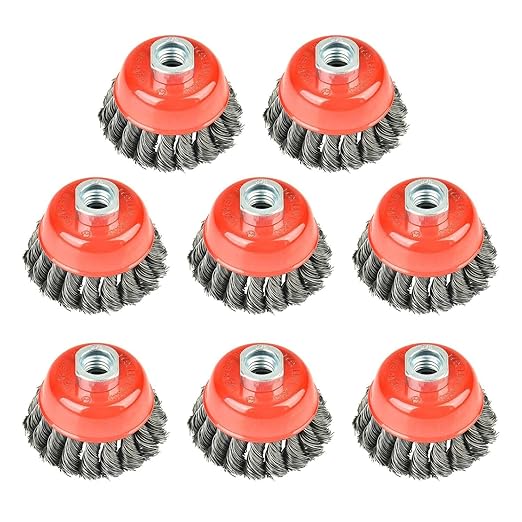 Aain 8 Piece-3 Inch Twisted Knotted Wheel Cup Brush with Heavy-Duty 5/8"-11 Threaded Arbor for Angle Grinder, Max RPM 12,500