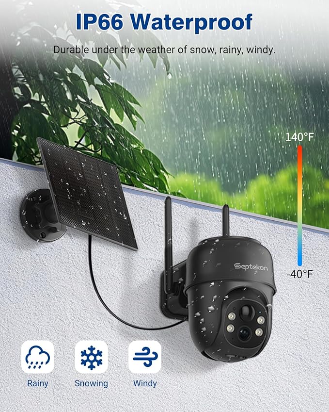 Septekon 2K Solar Security Cameras Wireless Outdoor 2 Pack, 360째PTZ Battery Powered Outdoor Camera, 2.4G WiFi Camera with Spotlight Color Night Vision, Motion Sensor Alarm, IP66, Black