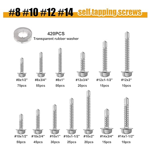weideer 840pcs #8#10#12#14 Self Tapping Screws for Metal,410 Stainless Steel Screws Assortment Kit, Hex Washer Head Quick Tapping Self Drilling Screw with Rubber Washer (420 Sets) K-189