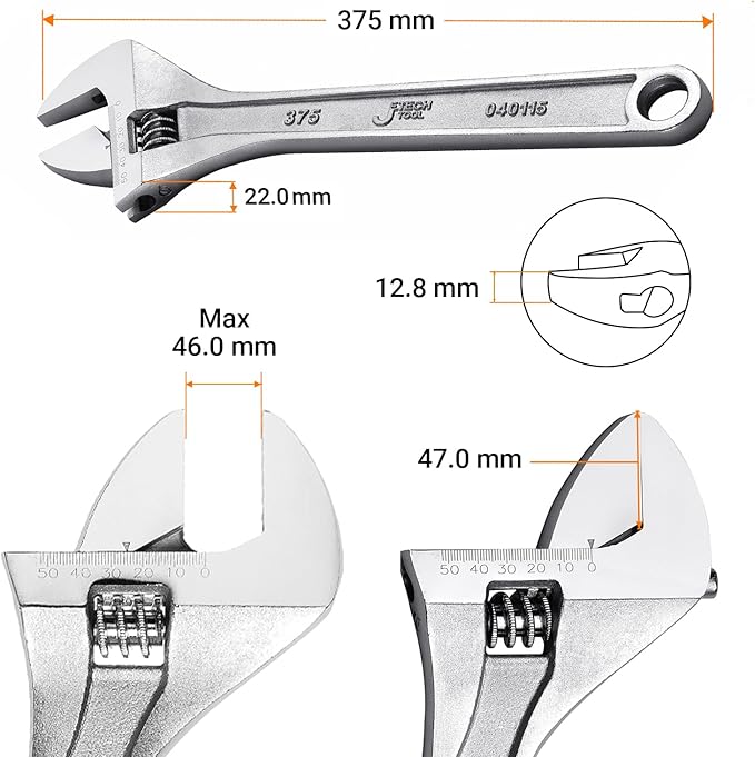 Jetech 15-Inch Adjustable Wrench - Professional Heavy Duty Chrome Vanadium Steel Shifter Spanner with Inch/Metric Scale Wide Caliber Opening
