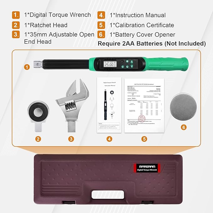 Marsram Adjustable Digital Torque Wrench 5-99.6ft.lbs/6.8-135N.m, Interchangeable Electronic Torque Wrench With 5-35mm Jaw And 3/8" Drive Ratchet Head With Buzzer And LED, For HVAC Car Moto Repair