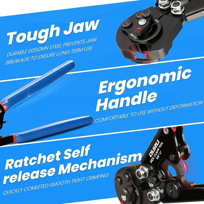 2 IN 1 Ratchet Pex Crimping Tool Pliers Cinch and Remove Combo Function Professional Pex Crimper Long Handle Pex Pinch Tool Pex Pipe Crimp Tool for 3/8" to 1" Stainless Steel Clamps