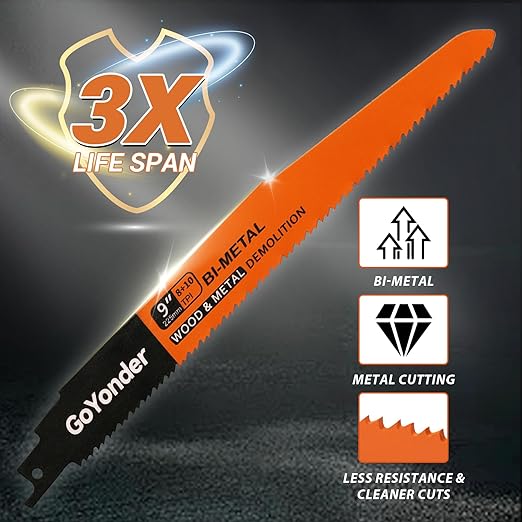 GoYonder Demolition Reciprocating Saw Blades 8+10TPI Bi-Metal, Durable Blades for Wood/Metal, Perfect for Demolition, Renovation, Medium Metals (5-Pack)