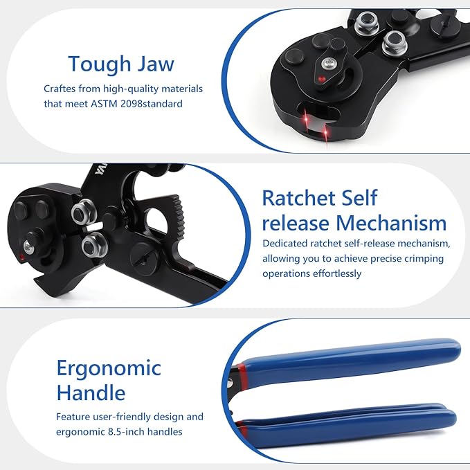 2 IN 1 Ratchet PEX Crimping Tool Cinch and Remove Dual Function Ergonomic Handle for PEX Pipe and Pinch Crimping Suitable for 3/8" to 1" Stainless Steel Clamps