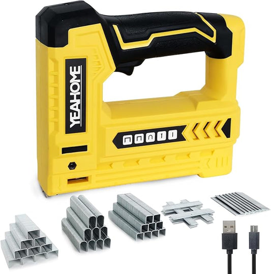 YEAHOME Electric Staple Gun, 5 in 1 Cordless Staple Gun for Upholstery with 1200 5/16" Staples, 600 1/2" U-Shape Staples, 600 19/32??pin Nails, 60019/32??Nails and 1 USB Charger Cable