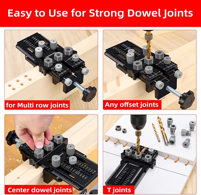 Dowel Jig Kit with Quick Positive Stop and Clamp, Adjustable Doweling Jig for Drill 1/4, 3/8 and 1/2 Inch Accurate Straight Dowel Holes, Fit Any Thickness Wood Joints, for Cabinet, Furniture