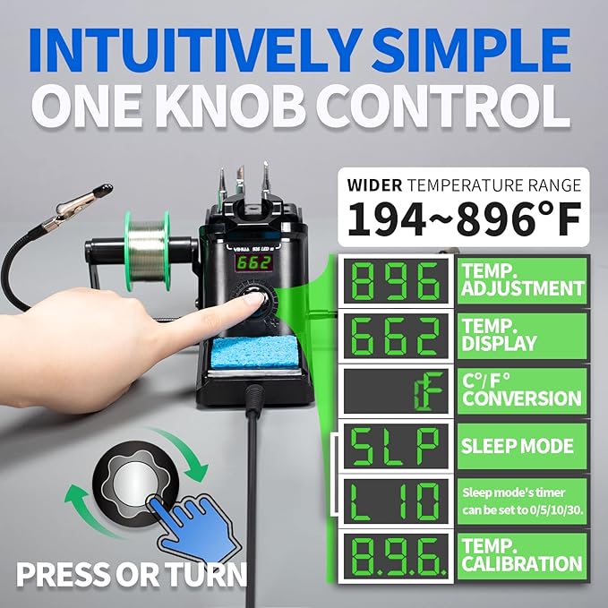YIHUA 926 III 60W Digital Display Soldering Iron Station Kit w 2 Helping Hands, 6 Extra Iron Tips, Lead-Free Solder, Solder Sucker, S/S Tweezers, 째C/쨘F Conversion, Auto Sleep & Calibration Support