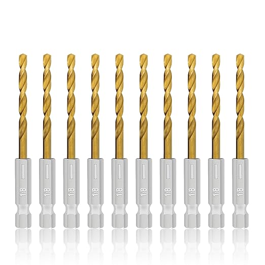 10 Pcs 1/8" Titanium Coated Twist Hex Shank Drill Bit Set, 135 Degree Tip HSS Impact Drill Bit Set with Storage Case for Metal, Aluminum, Steel, Wood, Plastic, Quick Change Design