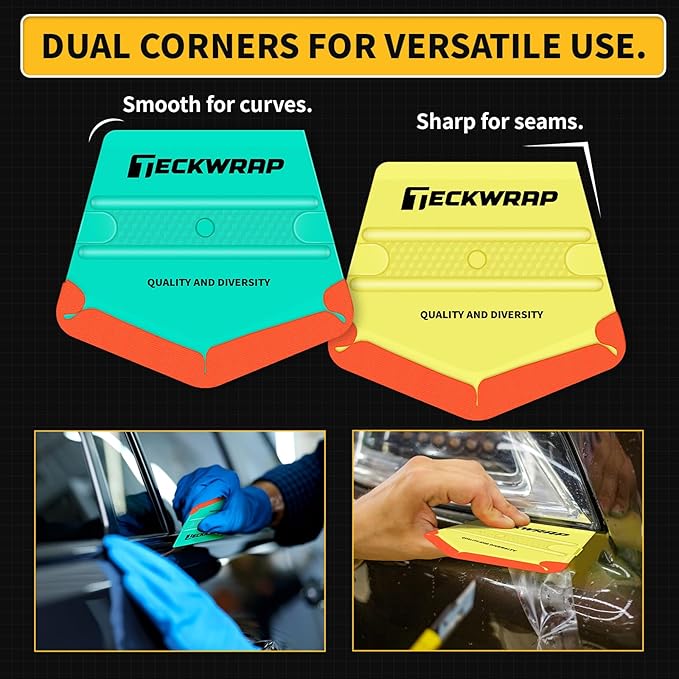 TECKWRAP Felt Squeegee for Vinyl Wrap,Dual-Corner Design, Twin Ribs for Grip, 2 Hardness Levels (Soft/Medium), V-Shape for PPF, Chrome & Tint, Yellow 40A / Blue 50A