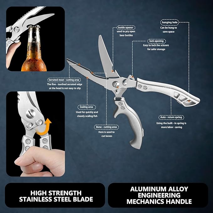 Heavy Duty Poultry Shears for Cutting Chicken & Turkey Bones ??Professional Stainless Steel Kitchen Shears, Spring Loaded, Non-Slip Ergonomic Handle, Dishwasher Safe