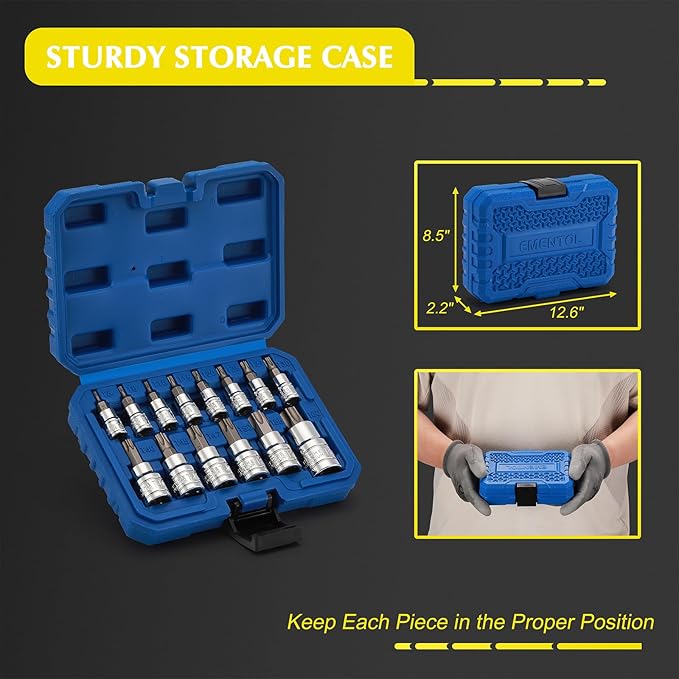 EMENTOL 14PCS Torx Bit Socket Set, CR-V, S2 Steel, 1/4", 3/8" and 1/2" Drive Star Bit Socket Set, T6 - T60