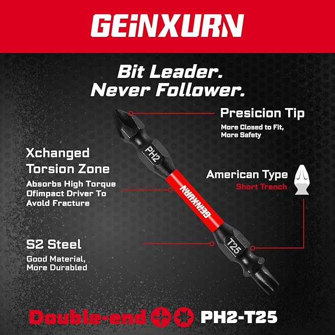 10Pcs PH2-T25 Impact Double End Screwdriver Bit Set, 2.56 in. #2 Phillips /#25 Torx Power Driver Bits, Magnetic S2 Steel Two Sides Screwdriver Bits Set with Storage M-Box