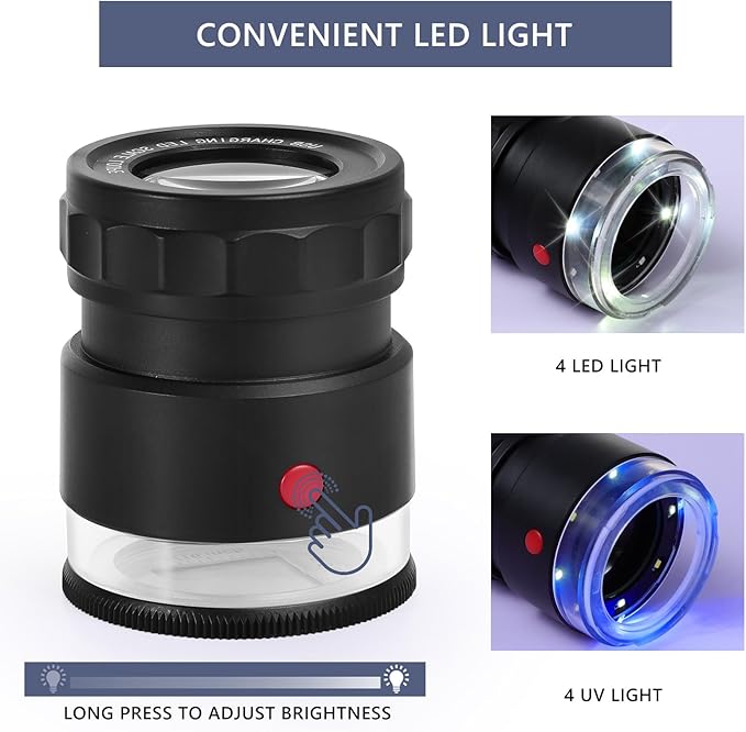 30X Loupe Magnifier, USB Rechargeable 8 Lights Portable Eye Loupe Sewing Magnifying Glass for Watches, Jewelry, Coins, Currency, Stamps