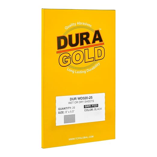 Dura-Gold Premium 320 Grit Wet or Dry Sandpaper Sheets, 5-1/2" x 9", Box of 25 - Fine-Cut Sanding, Detailing, Polishing Automotive, Woodworking Wood Furniture, Metal Finishing, Hand Sand Block Sander