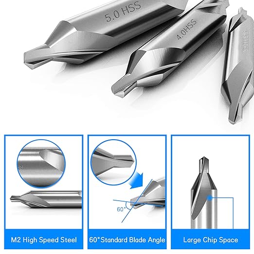 7 Pieces Center Drill Bits Set, M2 High Speed Steel 60-Degree Angle Center Drill Bits Kit Countersink Tools for Lathe Metalworking Size 1.0 1.5 2.0 2.5 3.0 4.0 5.0