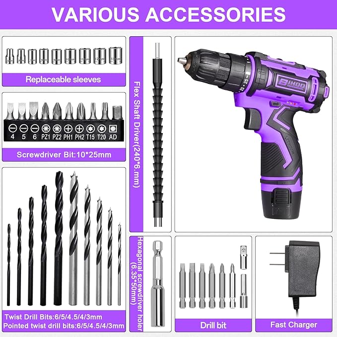 Purple 12V Cordless Drill,Electric Power Driver Kit,3/8-Inch Keyless Chuck, Variable Speed,with Drills Bits Set for Home DIY