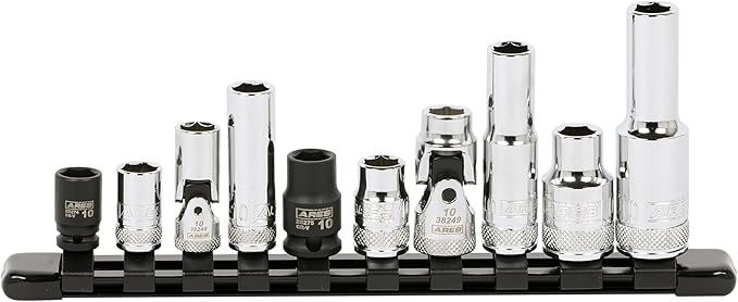 ARES 39017 ??10-Piece Multi-Drive 10mm Socket Set with Aluminum Rail ??Premium Chrome Vanadium Socket Set Includes Shallow and Deep Metric Sockets on Aluminum Rail ??High Visibility Size Markings