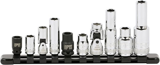 ARES 39017 ??10-Piece Multi-Drive 10mm Socket Set with Aluminum Rail ??Premium Chrome Vanadium Socket Set Includes Shallow and Deep Metric Sockets on Aluminum Rail ??High Visibility Size Markings