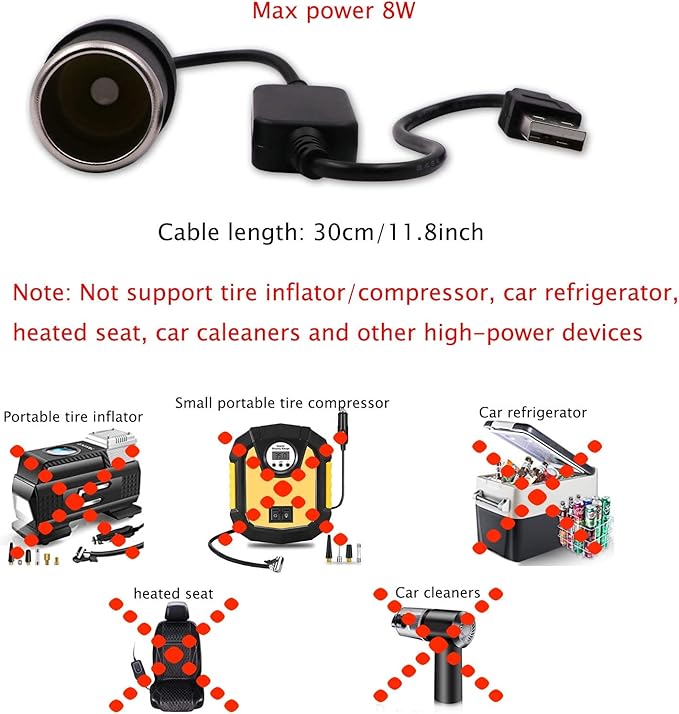 USB A Male to 12V Car Cigarette Lighter Socket Female Converter Cable 2-Pack